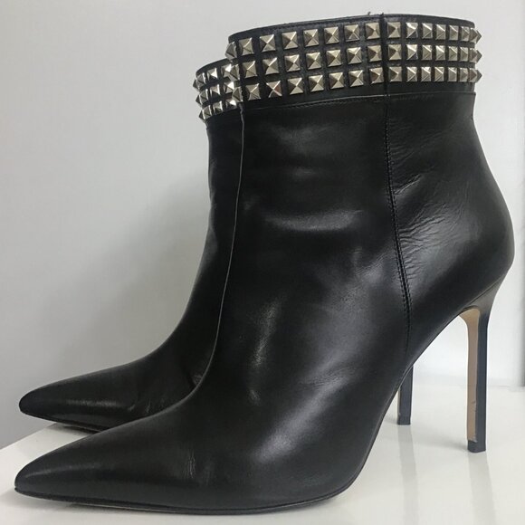 Manolo Blahnik Ankle Boot High Heel Pointed Toe Black Leather Silver Rock Studs - Picture 4 of 12